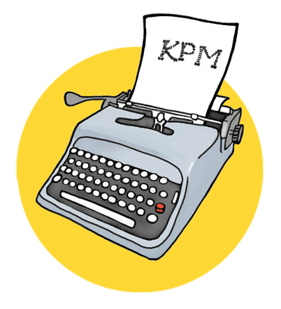 Logo Keystrokes Per Minute. Hand drawn picture of a typewriter, with a piece of paper in the carriage, with the letters 'KPM' on the page.